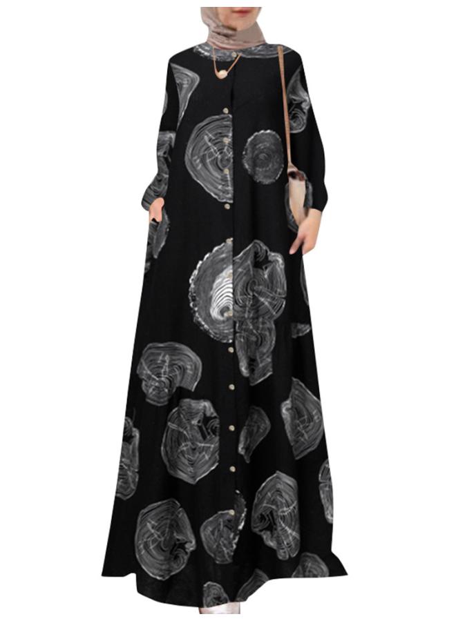 202 New Cotton And Linen Print Long Shirt Muslim Large Size Women's Loose Casual Retro Long Sleeve Dress