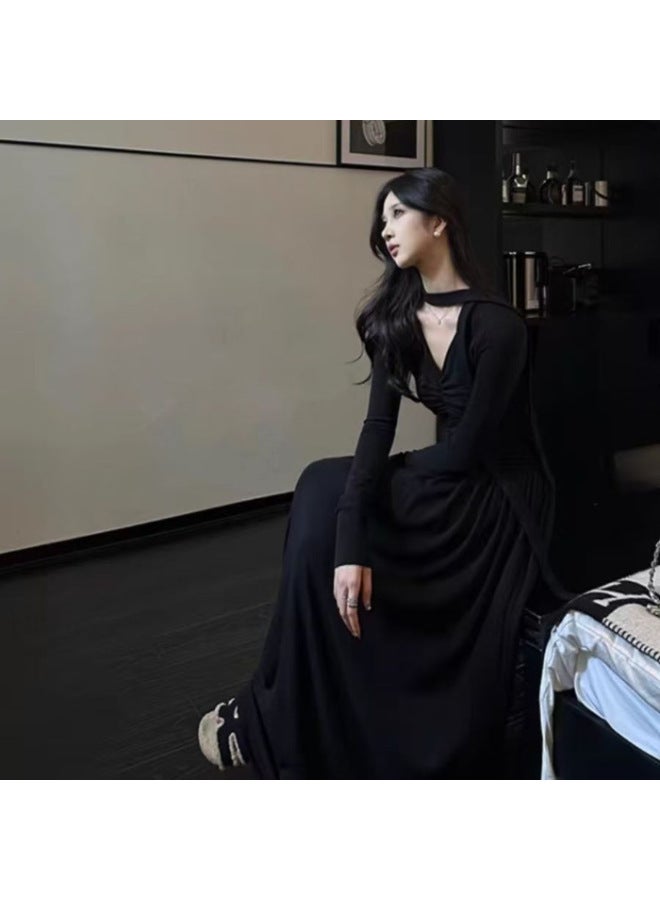 فستان أسود خريفي تصميم خاص مطوي شريط ضيق خط A منسوج طويل