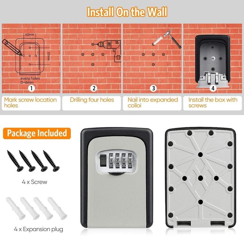 [Upgrade] Security Key Lock Box, 4 Digit Metal Outdoor Safe Key Box, Weatherproof Lock Box For House Key, Wall Mount Key Storage, Resettable Code, For Outdoor And Indoor (Gray) - Image 4