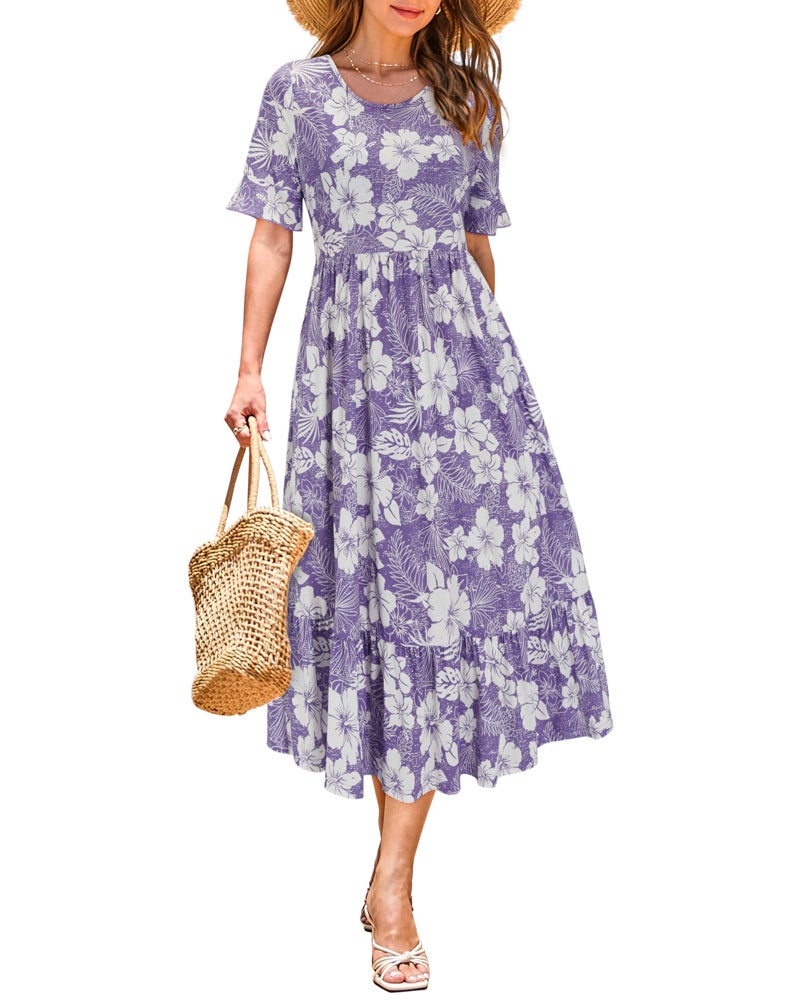 STYLEWORD Women's Summer 2025 Casual Short Sleeve Tiered Flowy Spring Dress Long Midi Beach Sundress Vacation Outfits(Floral15,L) - Image 1