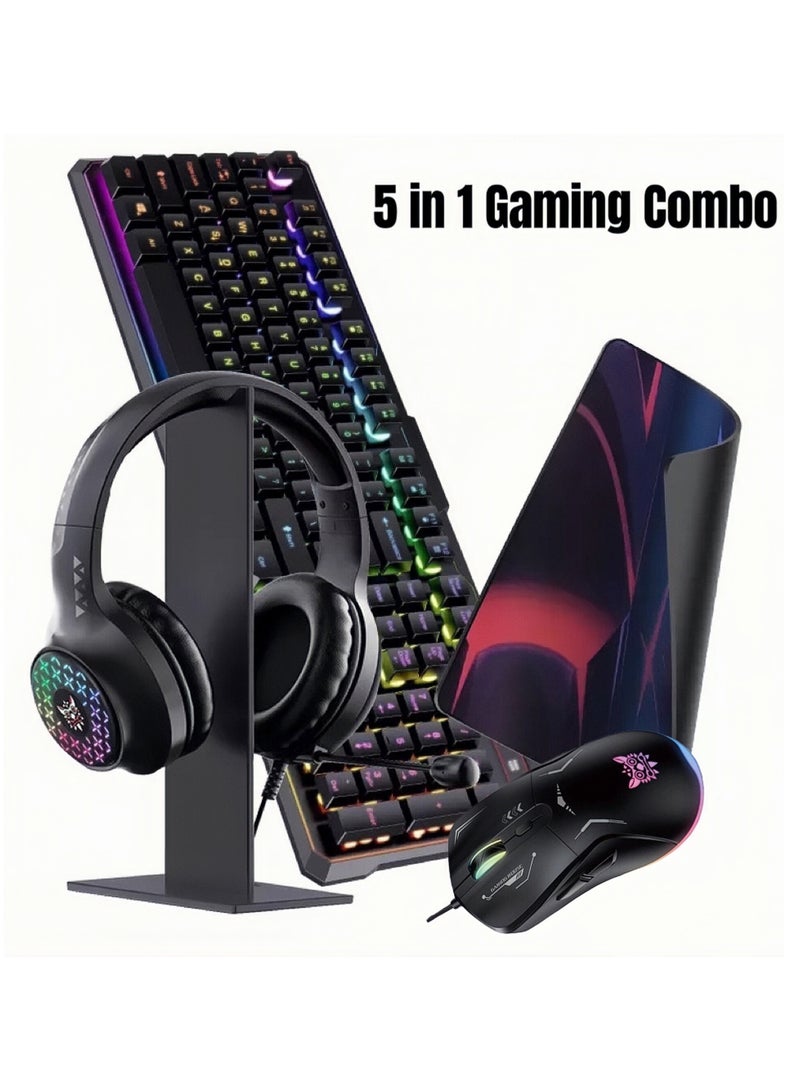 onikuma 5 In 1 RGB Magic Light Effect Wired Keyboard Mouse Headset Mousepad and Headphones Stand 5 Pieces Value Combo Set For PC Gamer - Image 1