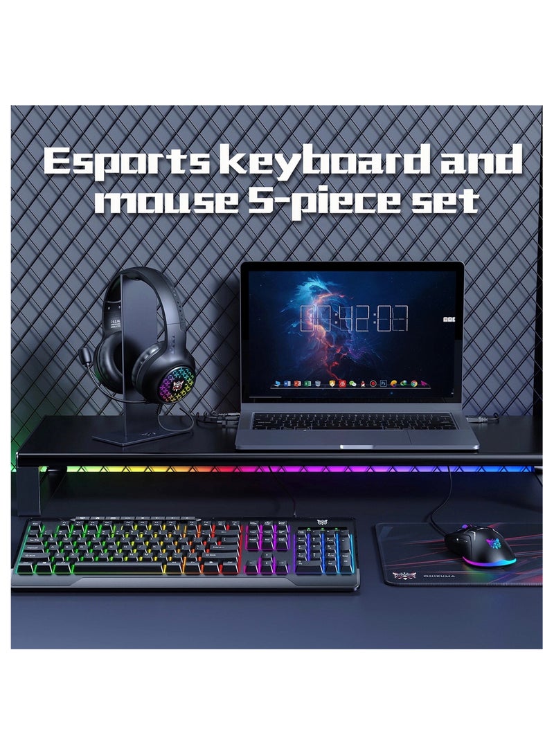onikuma 5 In 1 RGB Magic Light Effect Wired Keyboard Mouse Headset Mousepad and Headphones Stand 5 Pieces Value Combo Set For PC Gamer - Image 2