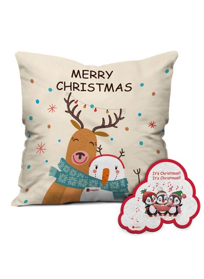 Indigifts Indigifts Micro Satin Merry Christmas Printed White Cushion Cover 12x12 inches with Filler & Magnet Combo Set  - Image 1