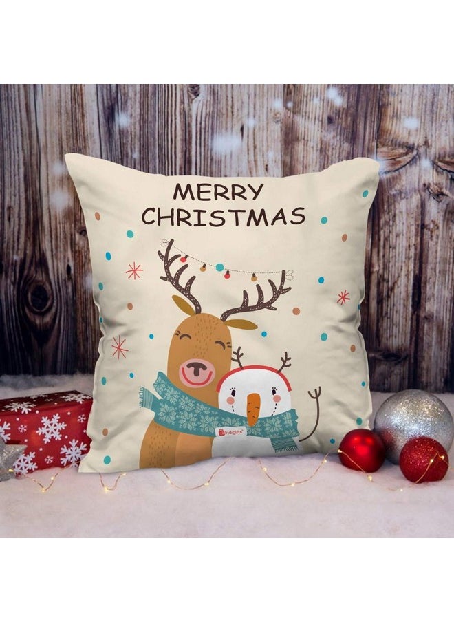 Indigifts Indigifts Micro Satin Merry Christmas Printed White Cushion Cover 12x12 inches with Filler & Magnet Combo Set  - Image 2