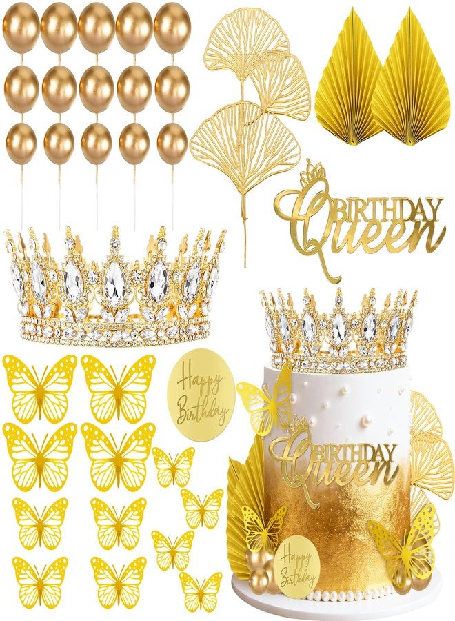 Knana 33Pcs Gold Crown Cake Topper Butterfly Cake Decorations with Gold Happy Birthday Cake Topper for Queen Princess Wedding Party Favors - Image 2