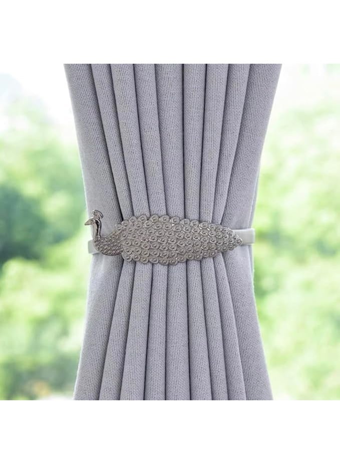 ماسك ستائر بتصميم طاووس من سبائك الألومنيوم بنابض قوي – ماسك ستارة ديكوري بلون فضي - Image 3