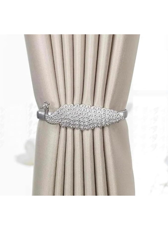 ماسك ستائر بتصميم طاووس من سبائك الألومنيوم بنابض قوي – ماسك ستارة ديكوري بلون فضي - Image 1