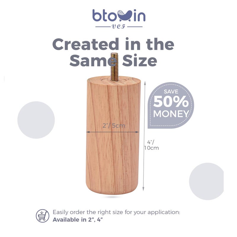 Btowin أرجل أثاث خشبية صلبة من Btowin مقاس 4 بوصات، 4 قطع من الأرجل الخشبية المستديرة العصرية مع براغي تعليق ملولبة 5/16 بوصة ولوحة تثبيت ومسامير للأرائك والخزائن والأسرة - Image 5