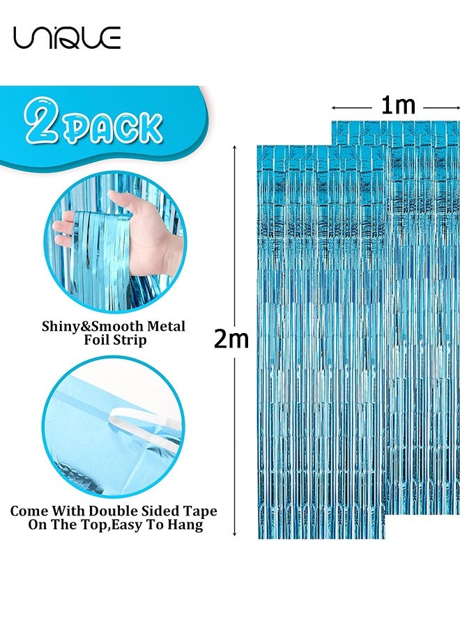 Unique Party Decorations Foil Fringe Backdrop - 2 Pack 3.28 ft x 6.56 ft Tinsel Foil Fringe Curtains, Sparkle Fringe Curtains for Bachelorette Party Decorations Photo Background Decoration, Light Blue ﻿ - Image 2