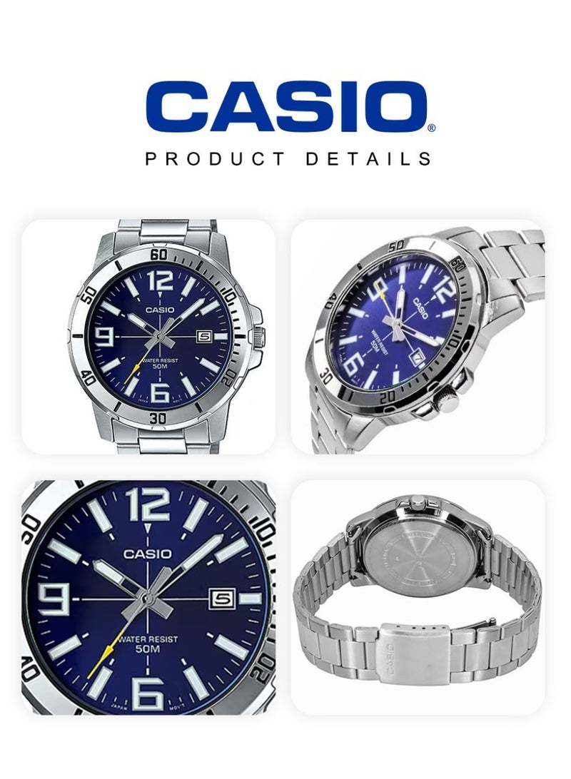 Casio Men's Luminous Large Dial Wristwatch, 3-Hand Analog with Date Window, 3-Year Battery Life, Stainless Steel Bracelet Outdoor Casual Watch MTP-VD01D-2B - Image 3