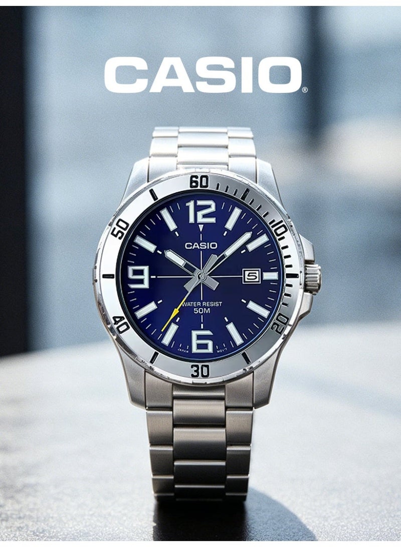 Casio Men's Luminous Large Dial Wristwatch, 3-Hand Analog with Date Window, 3-Year Battery Life, Stainless Steel Bracelet Outdoor Casual Watch MTP-VD01D-2B - Image 1