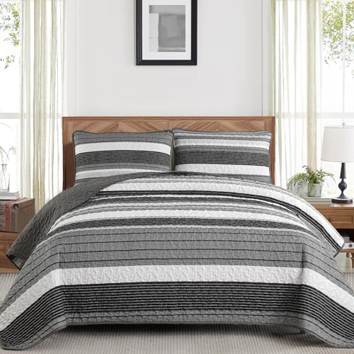 Djoymock Quilt Set Queen Size Gray and Black and White 3 Pieces - Grey Patchwork Striped Bedding Set, Lightweight Microfiber Bedspreads Coverlets with 2 Pillow Shams, Summer Quilts Comforter Set for All Season - Image 1