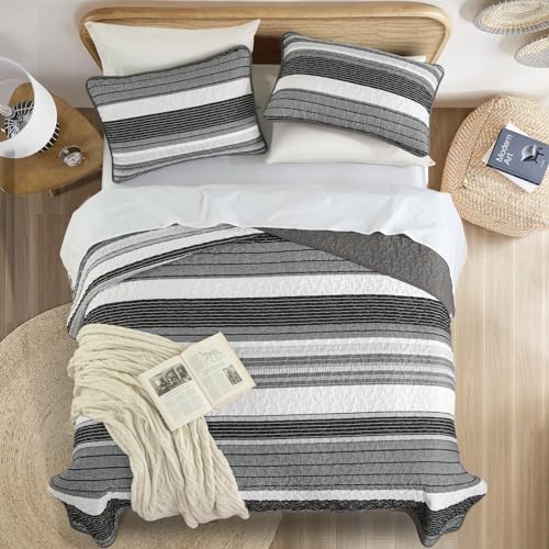 Djoymock Quilt Set Queen Size Gray and Black and White 3 Pieces - Grey Patchwork Striped Bedding Set, Lightweight Microfiber Bedspreads Coverlets with 2 Pillow Shams, Summer Quilts Comforter Set for All Season - Image 4
