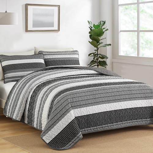 Djoymock Quilt Set Queen Size Gray and Black and White 3 Pieces - Grey Patchwork Striped Bedding Set, Lightweight Microfiber Bedspreads Coverlets with 2 Pillow Shams, Summer Quilts Comforter Set for All Season - Image 3