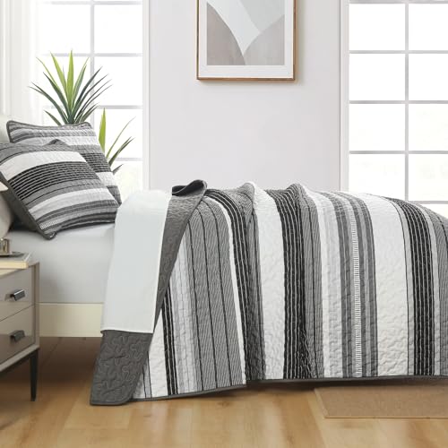 Djoymock Quilt Set Queen Size Gray and Black and White 3 Pieces - Grey Patchwork Striped Bedding Set, Lightweight Microfiber Bedspreads Coverlets with 2 Pillow Shams, Summer Quilts Comforter Set for All Season - Image 2