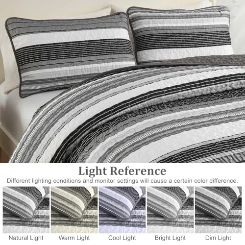 Djoymock Quilt Set Queen Size Gray and Black and White 3 Pieces - Grey Patchwork Striped Bedding Set, Lightweight Microfiber Bedspreads Coverlets with 2 Pillow Shams, Summer Quilts Comforter Set for All Season - Image 5