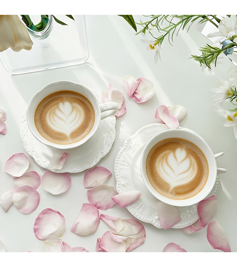 White Pearl Dot Ceramic Coffee Cup and Saucer Set for Home Breakfast - Image 1