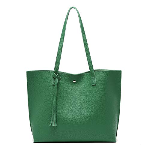 Dreubea Women's Soft Faux Leather Tote Shoulder Bag from, Big Capacity Tassel Handbag Forest Green - Image 1
