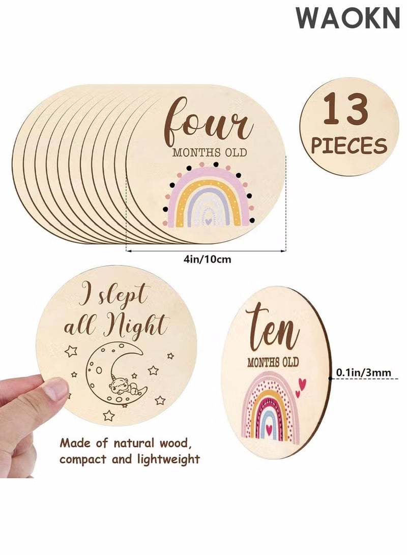 دبليو أيه أو كي أن 13 قطعة من بطاقات المعالم الخشبية للمولود، أقراص المعالم المطبوعة على الوجهين بألوان قوس قزح بوهو، مجموعات أقراص هدايا خشبية لدعامات الصور، لافتة إعلان الميلاد لحفل استقبال الطفل ودعامات صور حديثي الولادة - Image 4