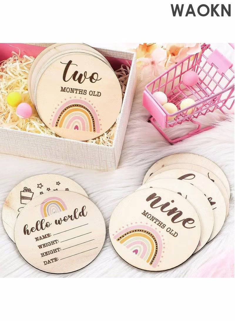 دبليو أيه أو كي أن 13 قطعة من بطاقات المعالم الخشبية للمولود، أقراص المعالم المطبوعة على الوجهين بألوان قوس قزح بوهو، مجموعات أقراص هدايا خشبية لدعامات الصور، لافتة إعلان الميلاد لحفل استقبال الطفل ودعامات صور حديثي الولادة - Image 5