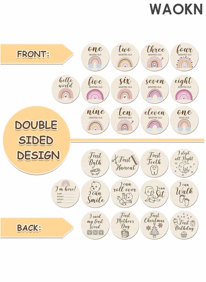 دبليو أيه أو كي أن 13 قطعة من بطاقات المعالم الخشبية للمولود، أقراص المعالم المطبوعة على الوجهين بألوان قوس قزح بوهو، مجموعات أقراص هدايا خشبية لدعامات الصور، لافتة إعلان الميلاد لحفل استقبال الطفل ودعامات صور حديثي الولادة - Image 2