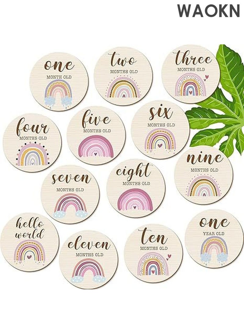 دبليو أيه أو كي أن 13 قطعة من بطاقات المعالم الخشبية للمولود، أقراص المعالم المطبوعة على الوجهين بألوان قوس قزح بوهو، مجموعات أقراص هدايا خشبية لدعامات الصور، لافتة إعلان الميلاد لحفل استقبال الطفل ودعامات صور حديثي الولادة - Image 1