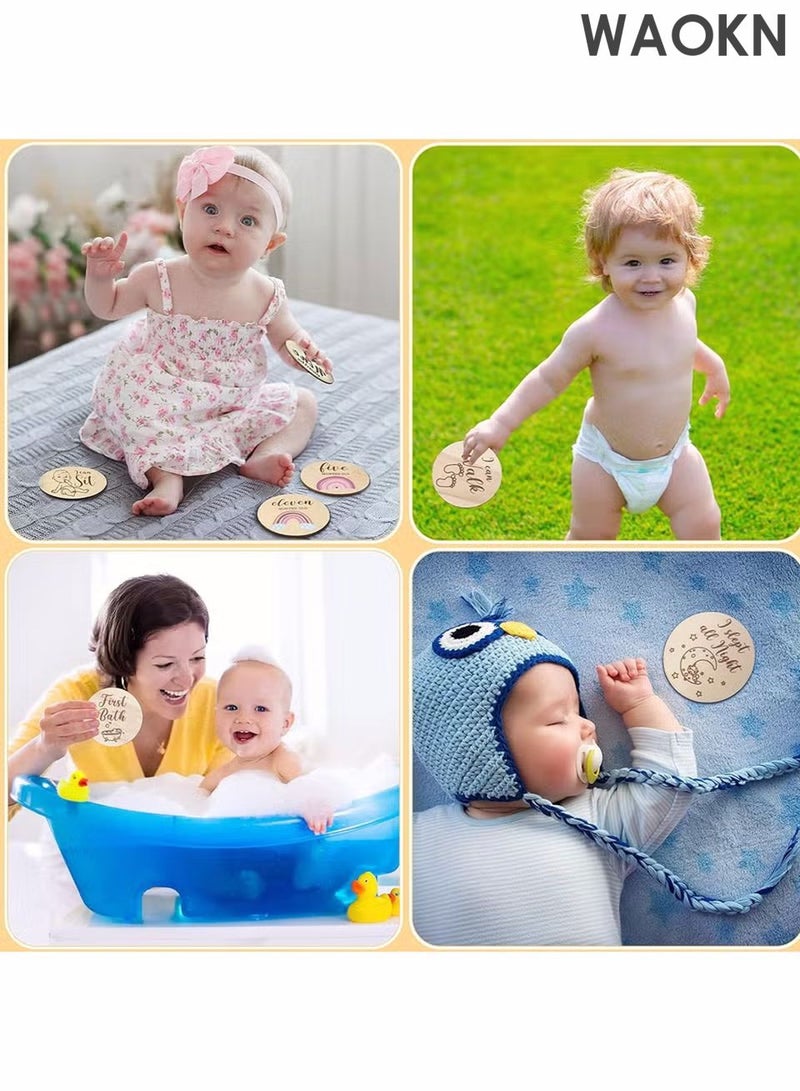 دبليو أيه أو كي أن 13 قطعة من بطاقات المعالم الخشبية للمولود، أقراص المعالم المطبوعة على الوجهين بألوان قوس قزح بوهو، مجموعات أقراص هدايا خشبية لدعامات الصور، لافتة إعلان الميلاد لحفل استقبال الطفل ودعامات صور حديثي الولادة - Image 3