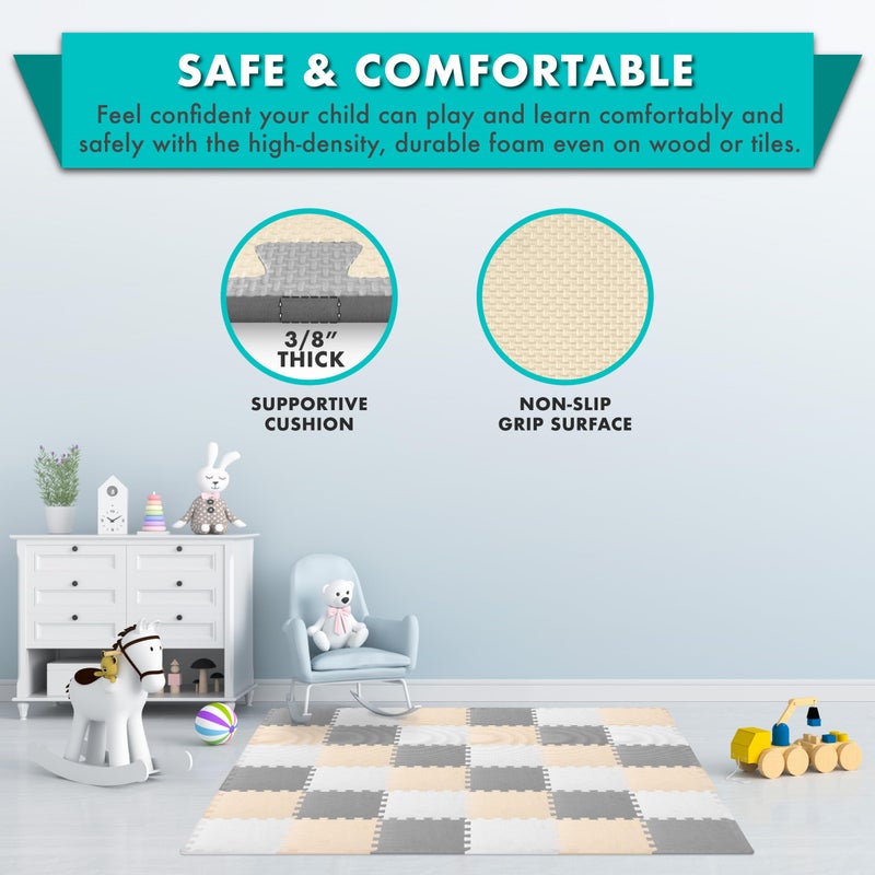 ProSource Foam Puzzle Floor Play Mat for Kids and Babies with Solid Colors, 36 or 16 Interlocking Tiles with Borders, White/Grey/Beige - Image 4