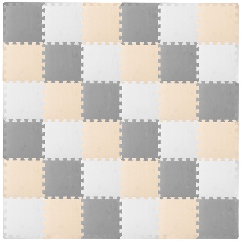 ProSource Foam Puzzle Floor Play Mat for Kids and Babies with Solid Colors, 36 or 16 Interlocking Tiles with Borders, White/Grey/Beige - Image 1