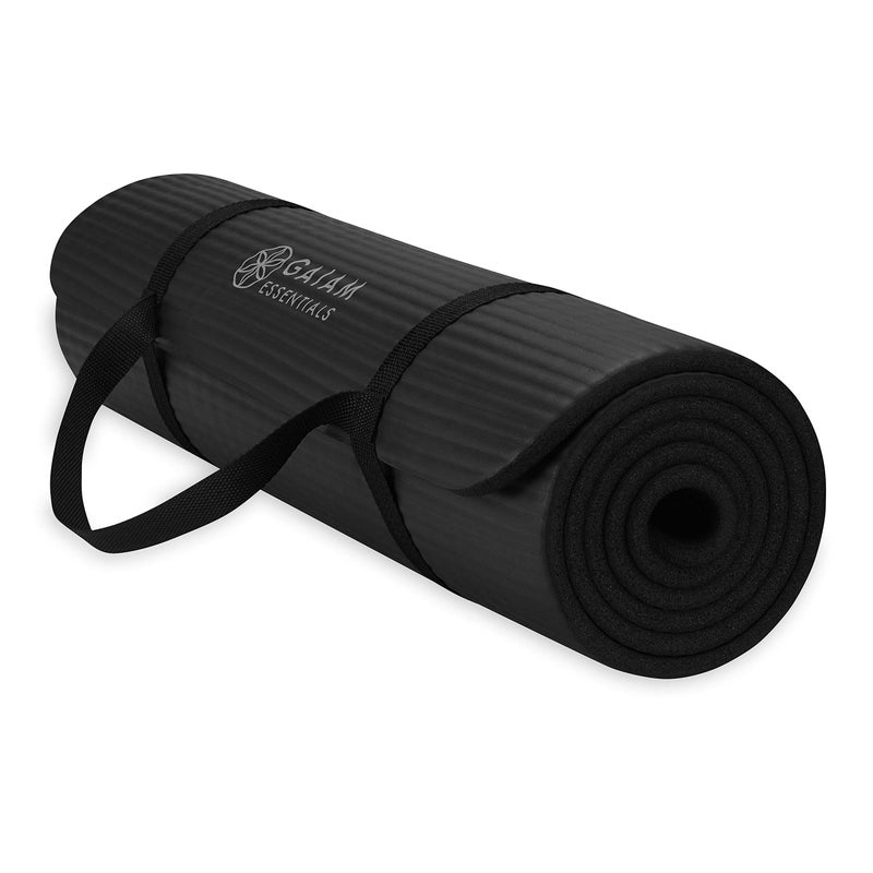 Gaiam Essentials Thick Yoga Mat Fitness & Exercise Mat with Easy-Cinch Carrier Strap, Black, 72"L X 24"W X 2/5 Inch Thick - Image 1