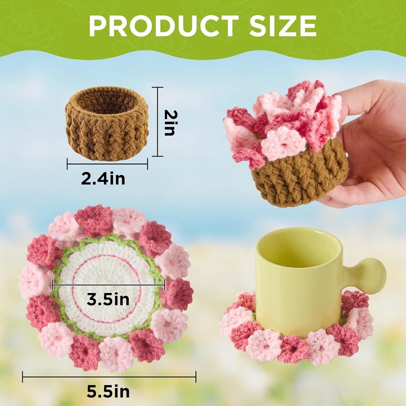 Vane Oak Flower Crochet Coasters, Handmade Bouquet Blanket Coaster with Crochet Plant Pot Fun Soft Decorative Drink Coasters for Coffee Tabletop Protection and Home Decor (Blush Pink, 1Pc) - Image 2