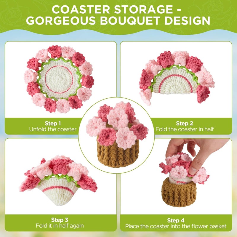 Vane Oak Flower Crochet Coasters, Handmade Bouquet Blanket Coaster with Crochet Plant Pot Fun Soft Decorative Drink Coasters for Coffee Tabletop Protection and Home Decor (Blush Pink, 1Pc) - Image 3