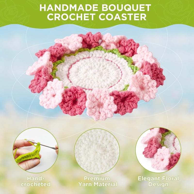 Vane Oak Flower Crochet Coasters, Handmade Bouquet Blanket Coaster with Crochet Plant Pot Fun Soft Decorative Drink Coasters for Coffee Tabletop Protection and Home Decor (Blush Pink, 1Pc) - Image 4