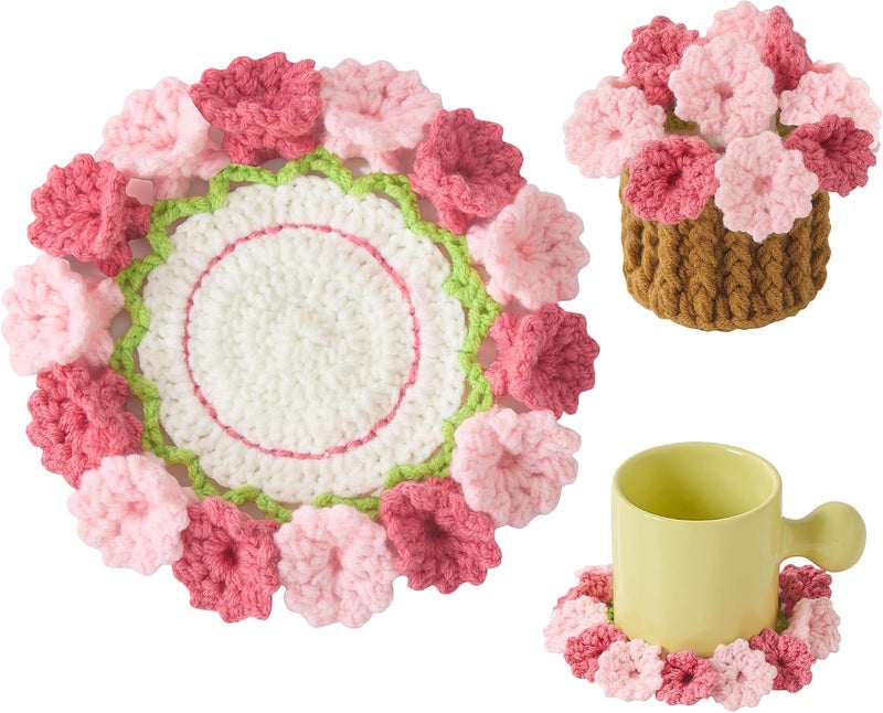 Vane Oak Flower Crochet Coasters, Handmade Bouquet Blanket Coaster with Crochet Plant Pot Fun Soft Decorative Drink Coasters for Coffee Tabletop Protection and Home Decor (Blush Pink, 1Pc) - Image 1