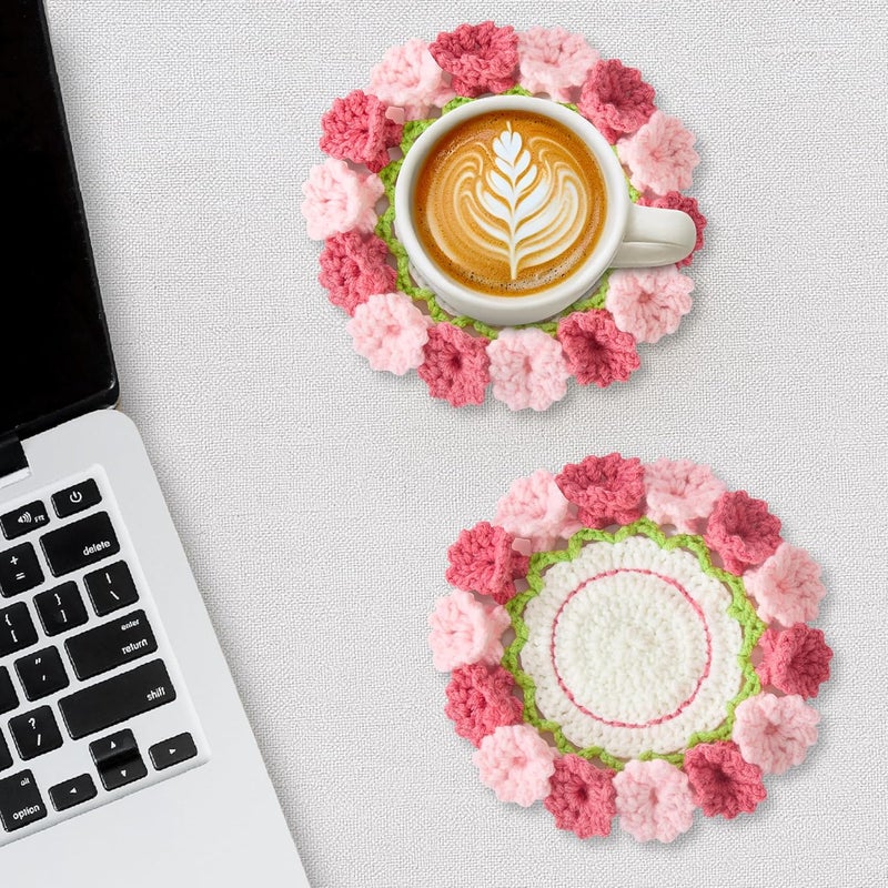 Vane Oak Flower Crochet Coasters, Handmade Bouquet Blanket Coaster with Crochet Plant Pot Fun Soft Decorative Drink Coasters for Coffee Tabletop Protection and Home Decor (Blush Pink, 1Pc) - Image 5