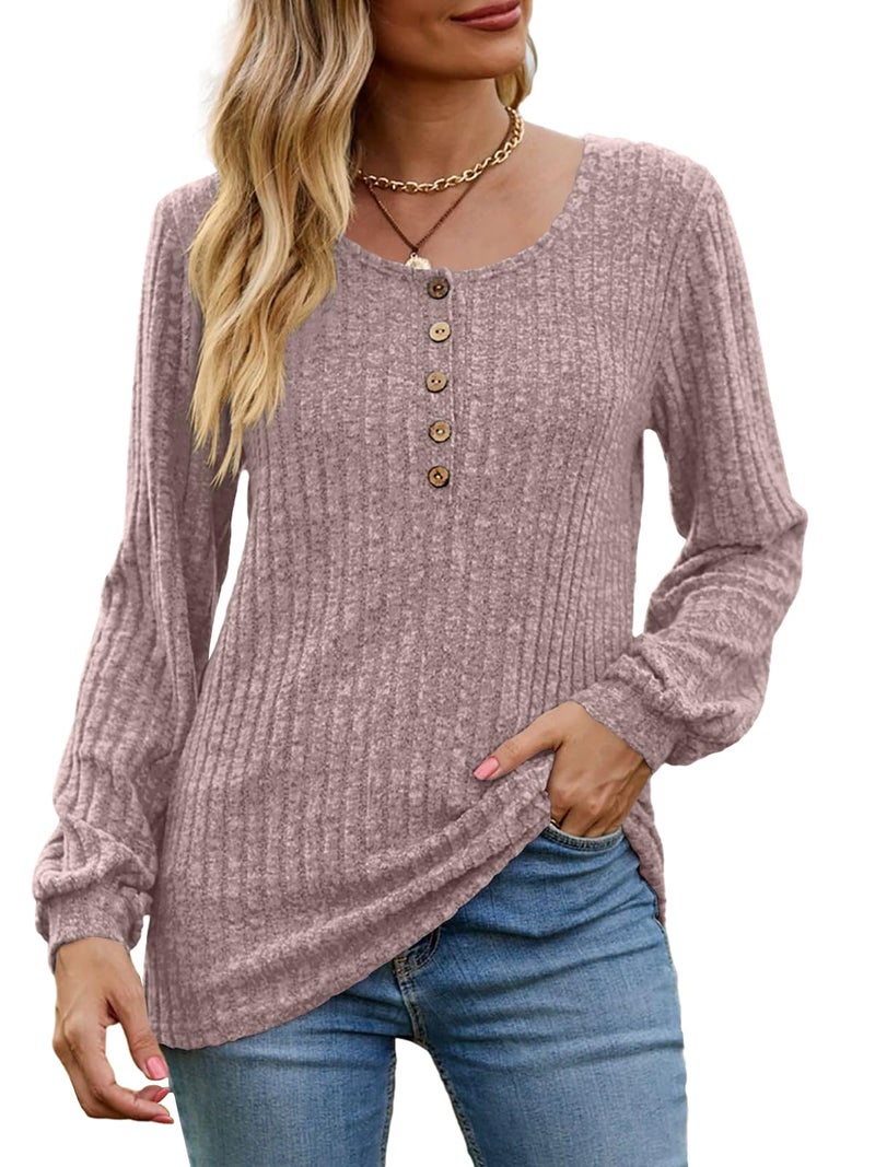 DB MOON Womens Lightweight Sweaters 2026 Long Sleeve Henley Shirt Fall Casual Crewneck Tunic Tops XL Pink Grey - Image 2
