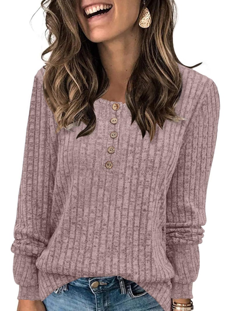 DB MOON Womens Lightweight Sweaters 2026 Long Sleeve Henley Shirt Fall Casual Crewneck Tunic Tops XL Pink Grey - Image 1