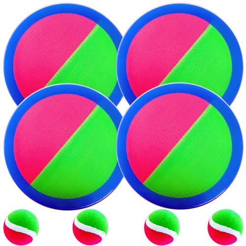 AppleRound Toss and Catch Velcro Ball Set Hook and Loop Kids Outdoor Games Beach Toys Backyard Sports Paddle Ball Games Pack of 4 Paddles and 4 Balls - Image 1