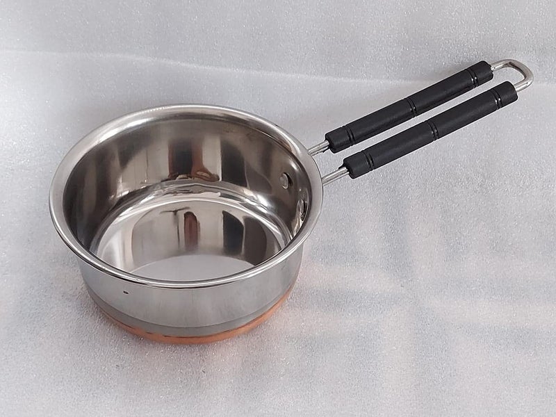 SVS ONLINE Stainless Steel Copper Coated Flat Stove Bottom Sauce Milk Pan Copper Base Tea Tapeli Patila Pot Cookware with Handle Coffee Bhagona Tapeli Patila Heavy Round pan Capacity 1500 ml - Image 2
