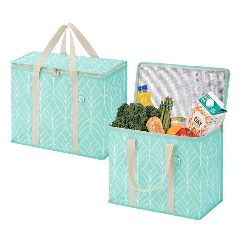VENO 2 Pack Insulated Cooler Bag, Reusable Grocery Shopping Bag for Food Delivery, Heavy Duty, Large Size, Durable Handles, Double Zippers, Lid, Collapsible (Evergreen, 2 Pack) - Image 1