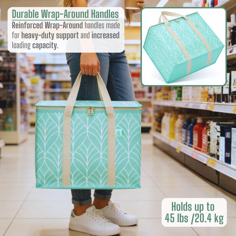 VENO 2 Pack Insulated Cooler Bag, Reusable Grocery Shopping Bag for Food Delivery, Heavy Duty, Large Size, Durable Handles, Double Zippers, Lid, Collapsible (Evergreen, 2 Pack) - Image 5