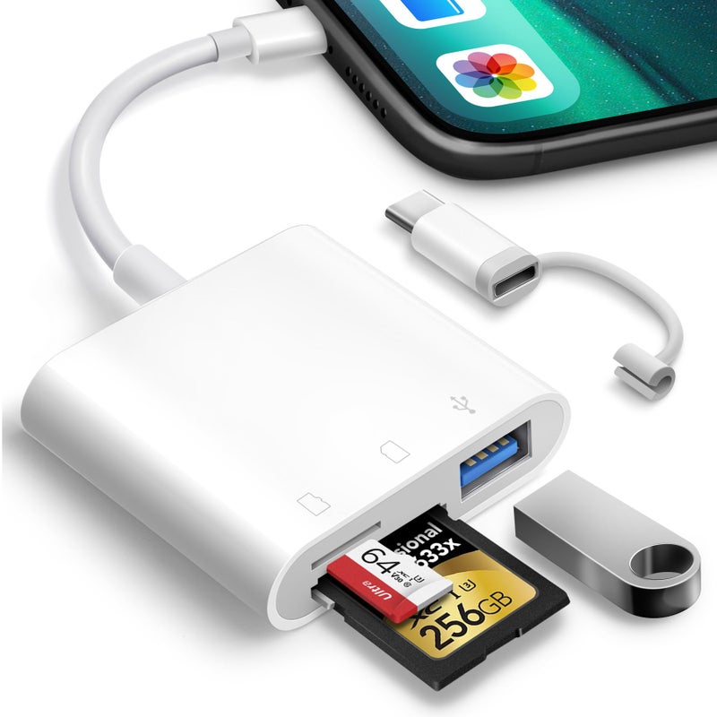 Oyuiasle SD Card Reader for iPhone iPad Trail Camera Viewer 3-in-1 SD Adapter with Dual Slots & USB Port, Memory Card Adapter Dual-connector Design with Lightening&USB-C for Photographers, Plug & Play - Image 1
