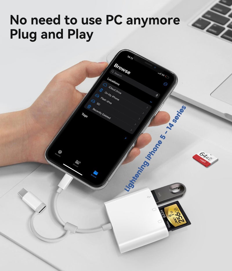 Oyuiasle SD Card Reader for iPhone iPad Trail Camera Viewer 3-in-1 SD Adapter with Dual Slots & USB Port, Memory Card Adapter Dual-connector Design with Lightening&USB-C for Photographers, Plug & Play - Image 3