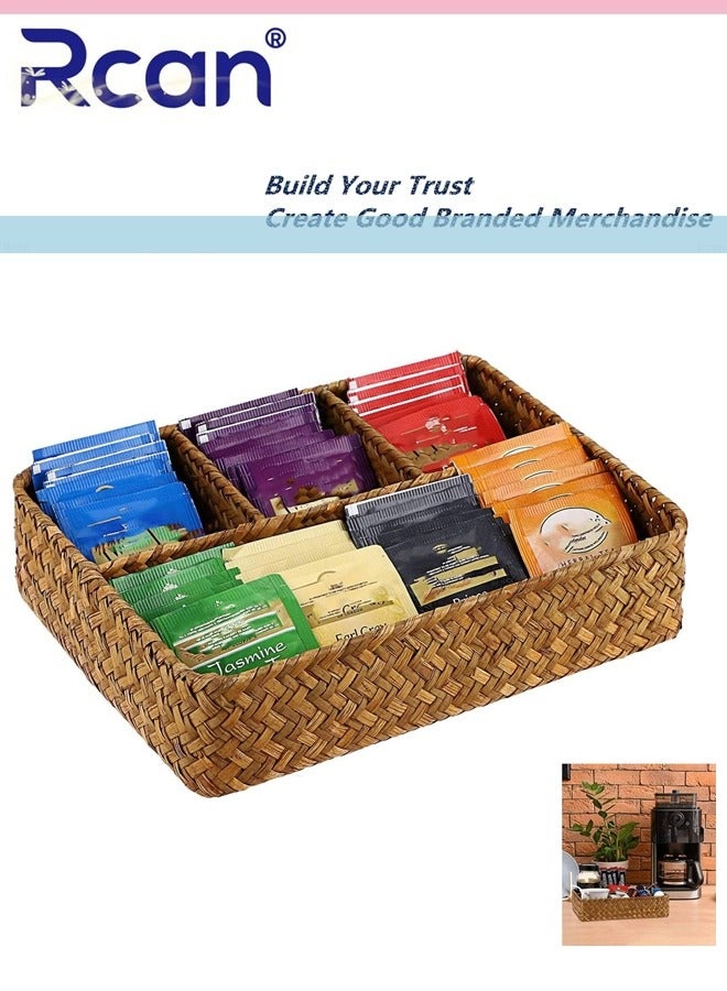 Rcan Tea Bag Tray Straw Weaving Tea Bag Organizer with Four Small Cells Brown Coffee Station Organizer Seagrass Storage Basket Rustic Coffee Bar Decor Tea Bag Holder Tray for Drawer Countertop  - Image 1
