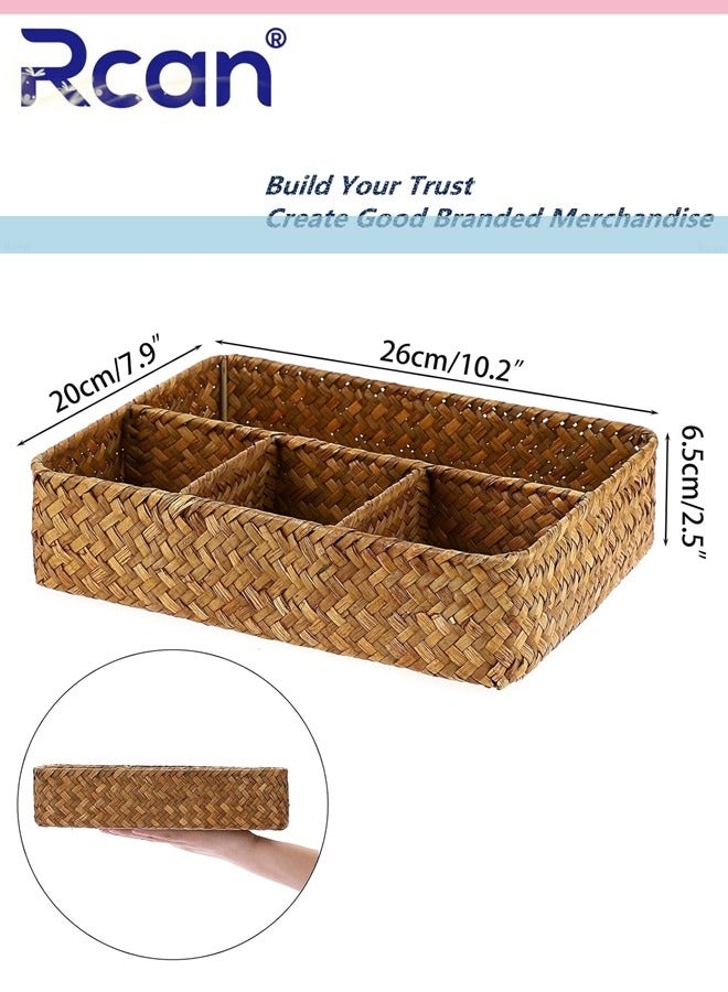 Rcan Tea Bag Tray Straw Weaving Tea Bag Organizer with Four Small Cells Brown Coffee Station Organizer Seagrass Storage Basket Rustic Coffee Bar Decor Tea Bag Holder Tray for Drawer Countertop  - Image 3