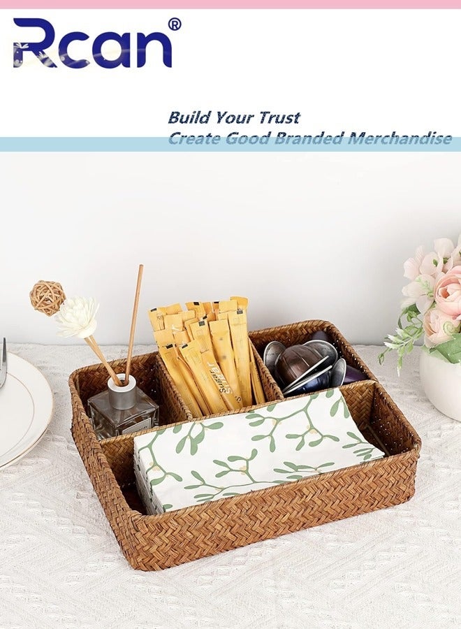 Rcan Tea Bag Tray Straw Weaving Tea Bag Organizer with Four Small Cells Brown Coffee Station Organizer Seagrass Storage Basket Rustic Coffee Bar Decor Tea Bag Holder Tray for Drawer Countertop  - Image 4
