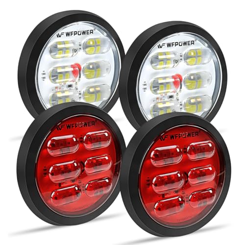 WFPOWER 4 Inch Round LED Trailer Tail Light, 4 Pack LED Stop Turn Tail Back-up Reverse Fog Lights with Rubber Grommet, IP67 36LEDs Park Turn Lights for Trailer RV Trucks 12V 24V (2 Red + 2 White) - Image 1