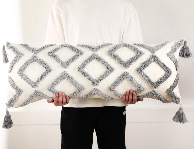 Decorative Long Lumbar Pillow Cover 14x36 BohoSuper Soft Chenille Extra Long Lumbar Pillow Case Cover with Tassel for Bed Sofa Couch Farmhouse LivingroomGreyModern Skinny