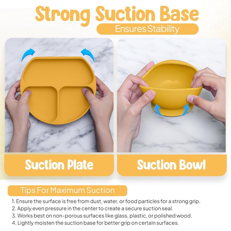 O'doe مجموعة تغذية الأطفال من أودو 11 قطعة خالية من BPA من السيليكون | أطباق شفط سميكة وناعمة، وعاء طعام للأطفال، وشوكة وملعقة خشبية، والمزيد | اجعل وقت الوجبة ممتعًا وسهلاً لطفلك | أصفر V1 - Image 3