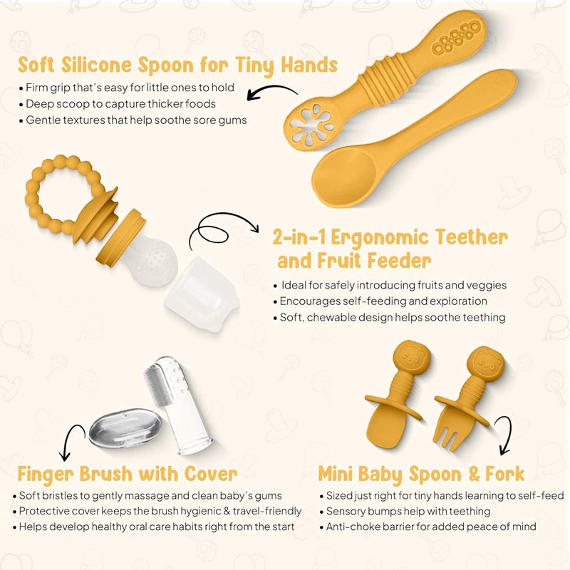 O'doe مجموعة تغذية الأطفال من أودو 11 قطعة خالية من BPA من السيليكون | أطباق شفط سميكة وناعمة، وعاء طعام للأطفال، وشوكة وملعقة خشبية، والمزيد | اجعل وقت الوجبة ممتعًا وسهلاً لطفلك | أصفر V1 - Image 4